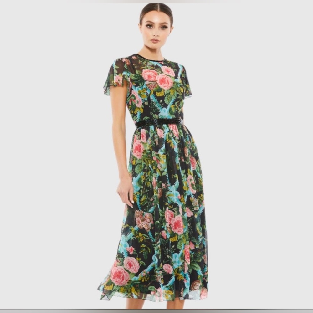 Mac Duggal Multi Color Floral Cap Sleeve Midi